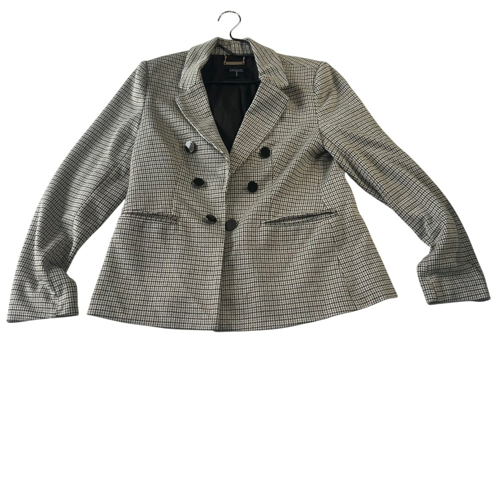 Tahari Womens Double Breasted Houndstooth Blazer Jacket Black White Brown Size M